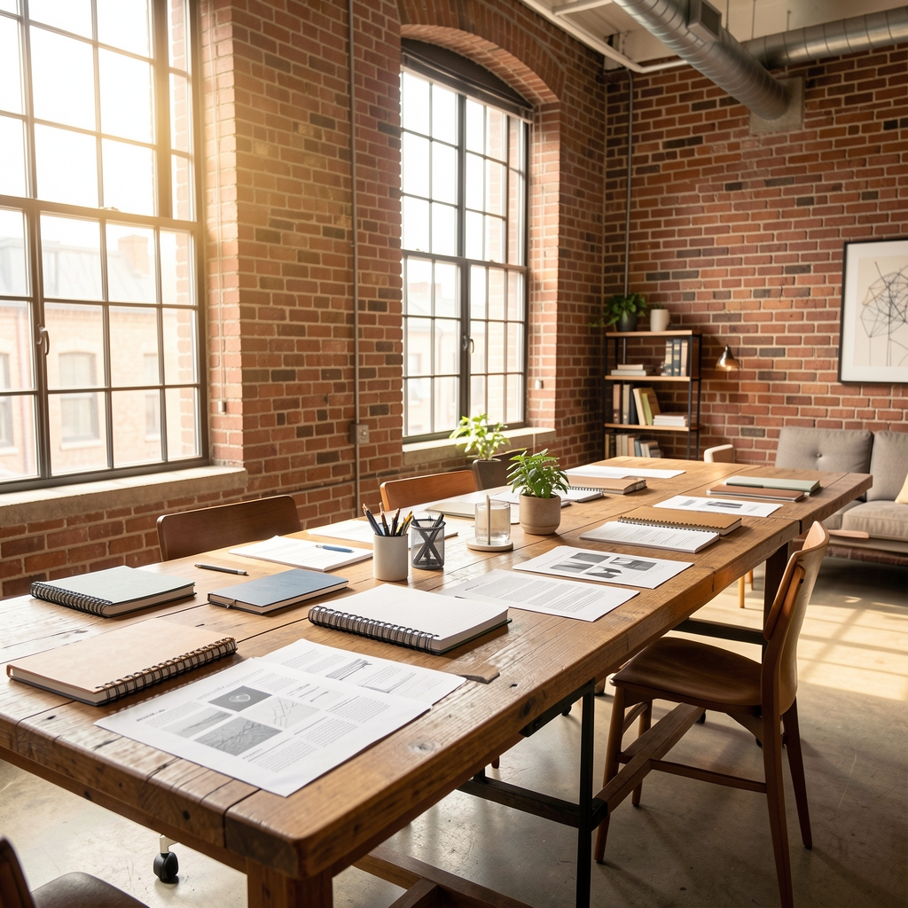 Bright open editorial office space with exposed brick walls, a long wooden desk covered in notebooks and printed research pages, warm natural light from tall windows