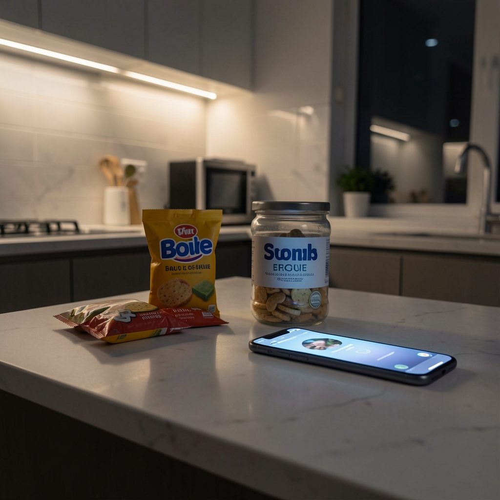 Dimly lit kitchen counter at night with snack foods and a phone screen glowing, illustrating low-energy evening eating patterns