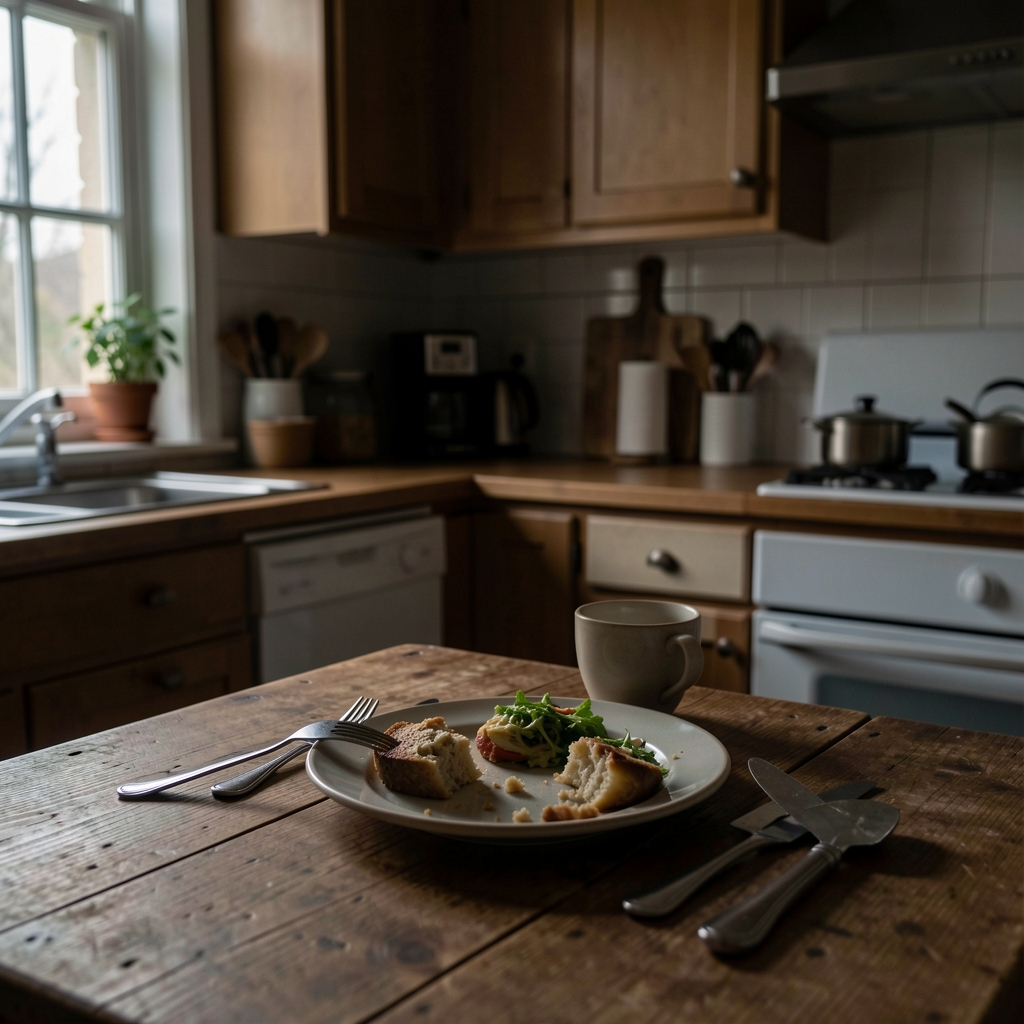 Quiet early morning kitchen scene with dim light, a half-eaten meal left on a wooden table, conveying late-night low-energy eating habits