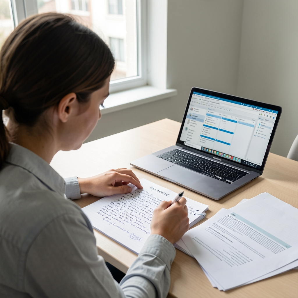 Researcher at a clean desk with natural light, reviewing handwritten field observation notes alongside printed research pages, a laptop open with a research database visible